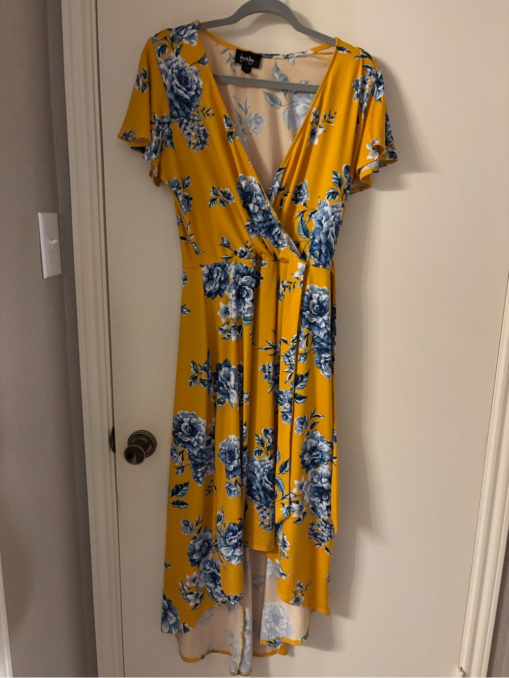 by & by Yellow Wrap High-Low Dress with Blue Floral Print